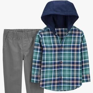 Carter's Boys'4T 2 Piece Long Sleeve Knit Top Pants (Navy/Grey Plaid hooded, 4T